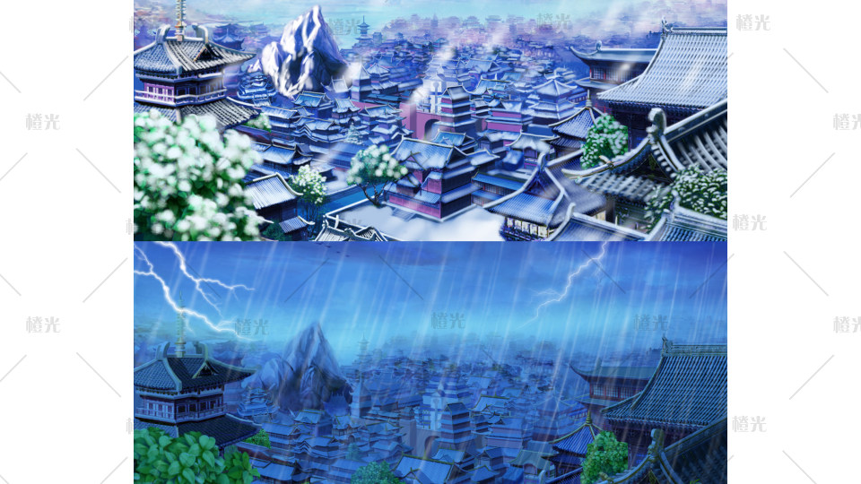 自绘古风城镇场景,包括晴天,夜晚,黄昏,下雪,雷雨五个